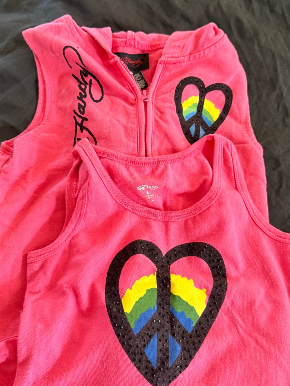 Ed Hardy Kids Pink Tank Top & Zip Vest Set with Rainbow Peace Heart